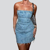 Raw hem strapless denim dress